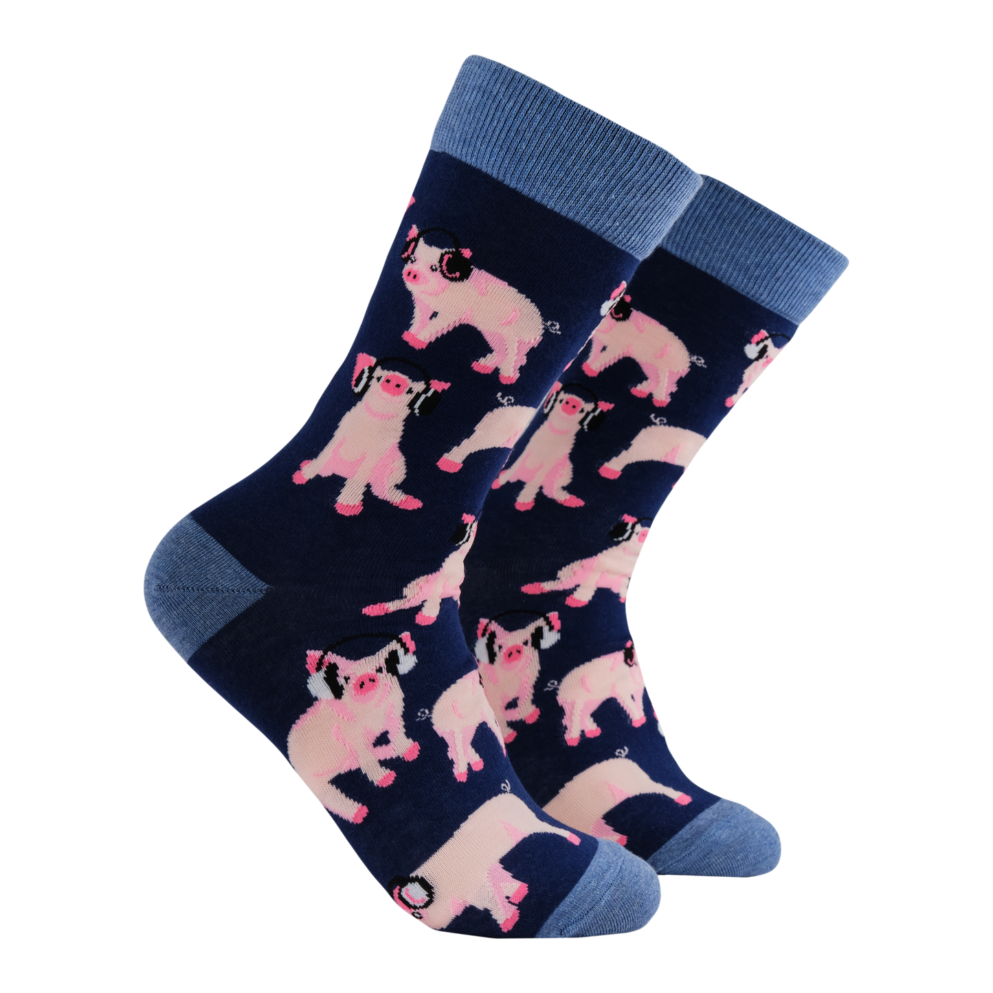 A pair of socks depicting Pigs being wearing headphones. Dark Blue legs, Blue cuff, heel and toe.
