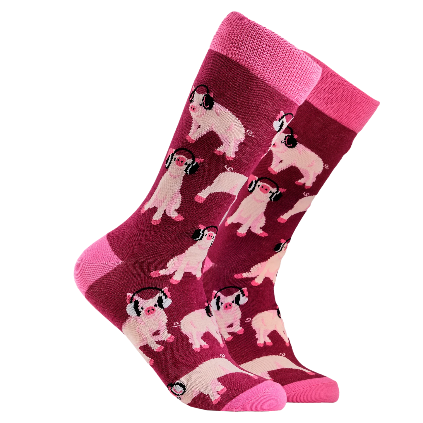 Pigs in Headphones Socks. A pair of socks depicting Pigs being wearing headphones. Burgundy legs, pink cuff, heel and toe.
