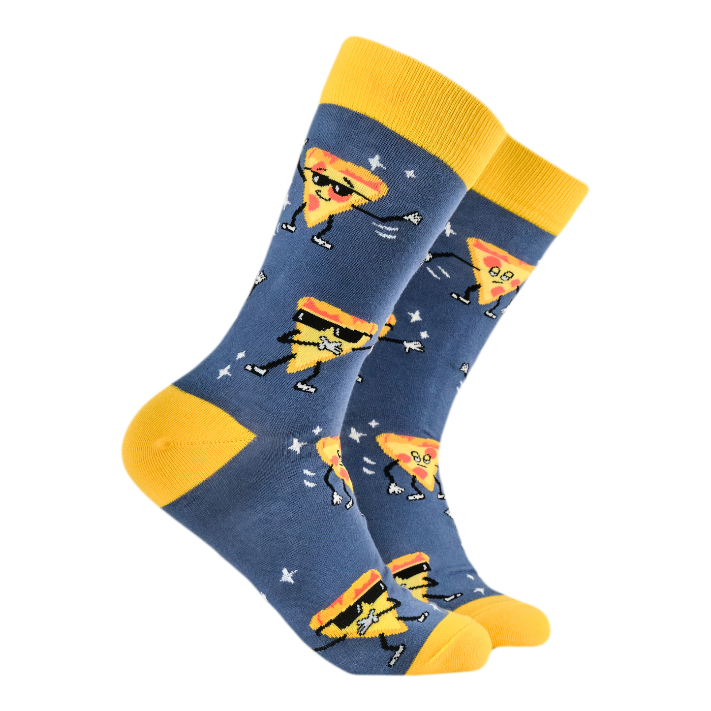 Pizza Party Socks. A pair of socks featuring a dancing slice of pizza. Blue legs, yellow heel toe and cuff.