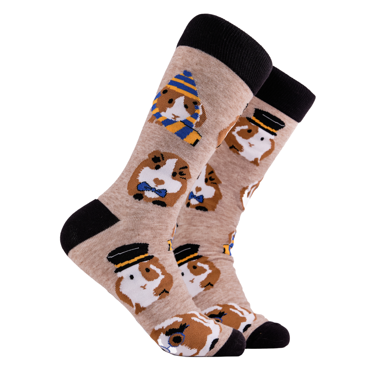 Guinea Pig Socks - Posh Pigs. A pair of socks depicting Guinea Pigs dressed as toffs. Brown legs, black cuff, heel and toe.