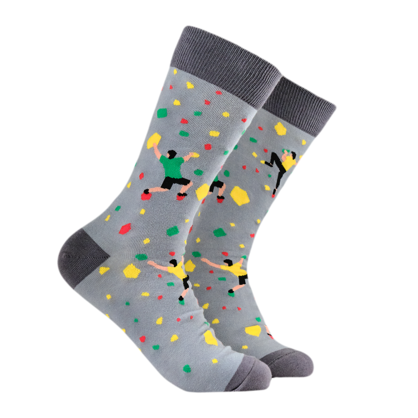 Rock Climbing Bamboo Socks. A pair of socks with a rock climbing motif. Grey legs, dark grey heel, toe and cuff.