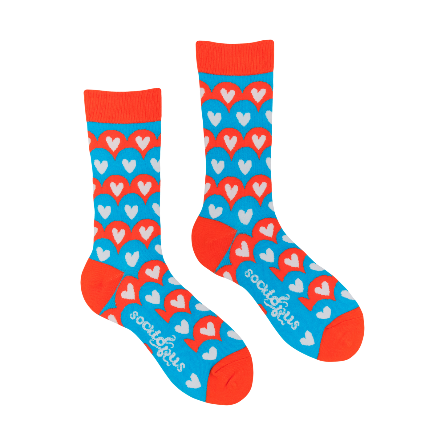 A pair of socks featuring a pattern made from the ChemoHero logo. Red and Blue.