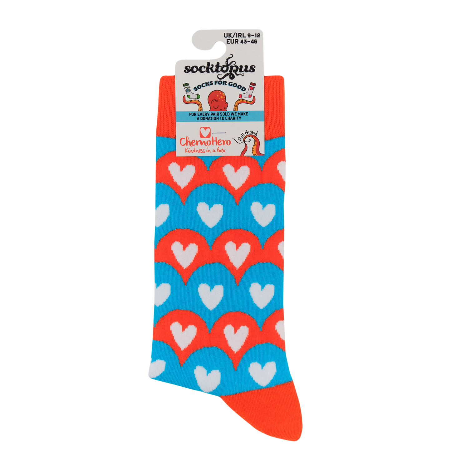 A pair of socks featuring a pattern made from the ChemoHero logo. Red and Blue.