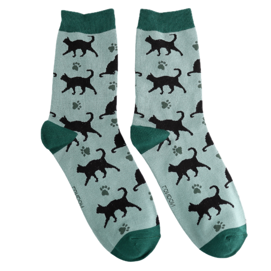 Cats & Prints Bamboo Socks - Miss Sparrow. A pair of socks featuring cats and cat prints. Light green legs, dark green heel, toe and cuff.