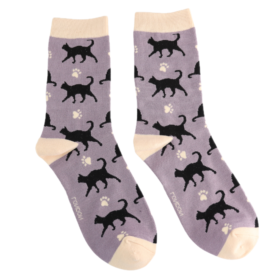 A pair of socks featuring cats and cat prints. Grey legs, yellow heel, toe and cuff.