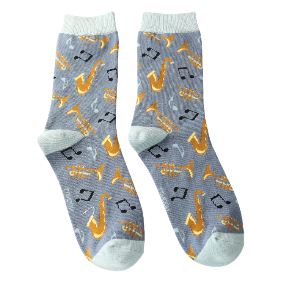 Brass Band Bamboo Socks - Miss Sparrow. A pair of socks featuring brass instruments. Grey legs, light grey heel, toe and cuff.