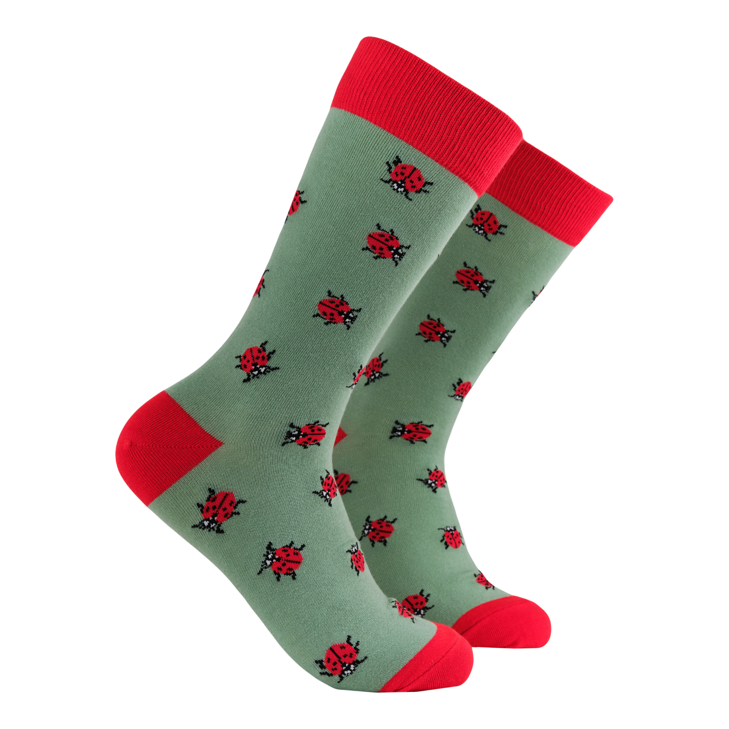 Ladybird Bamboo Socks - Spot-On! A pair of socks with a ladybird motif. Green legs, red heel, toe and cuff.