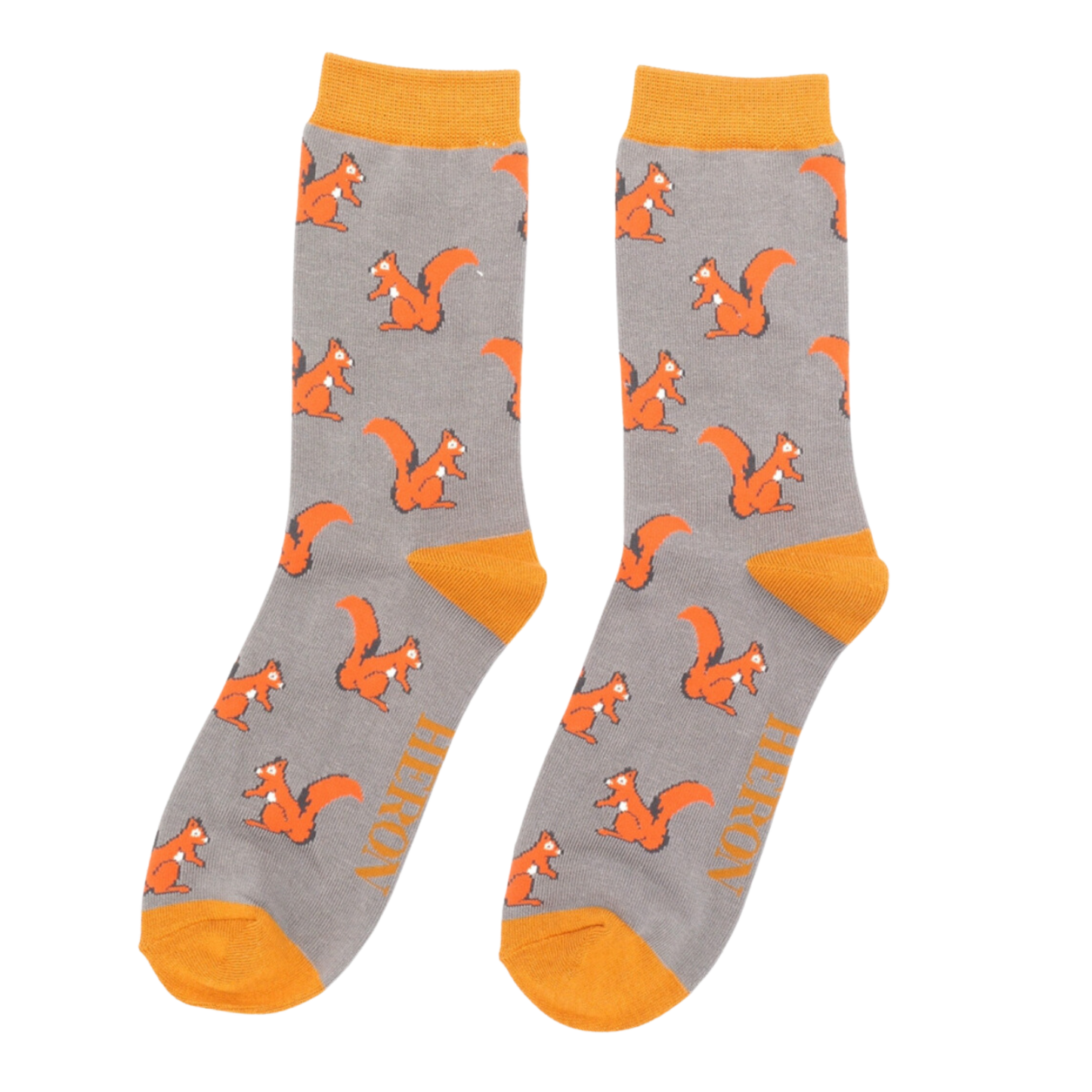 Squirrels Bamboo Socks - Miss Sparrow. A pair of socks with a squirrel motif. Grey legs, yellow cuff, heel and toe.