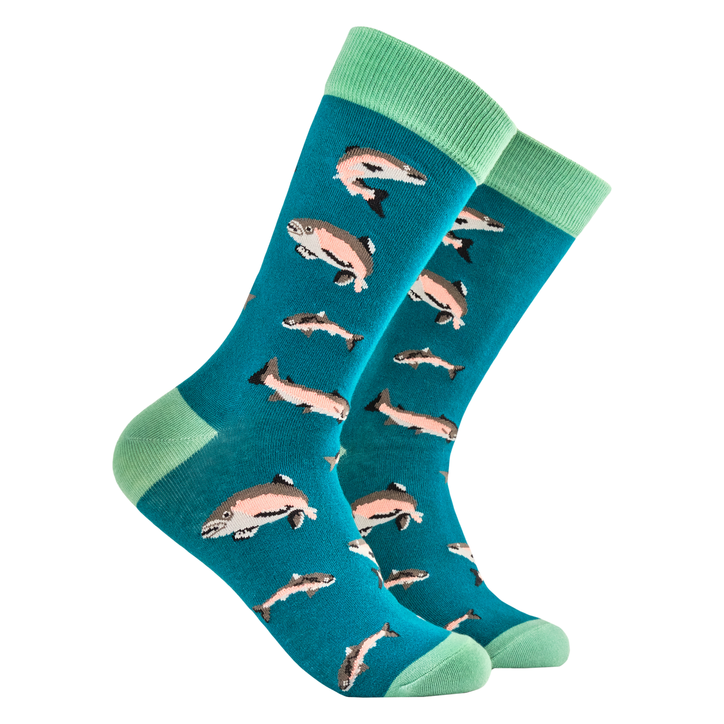 Salmon a Leaping Bamboo Socks. A pair of socks featuring leaping salmon. Teal legs, light green heel, toe and cuff.