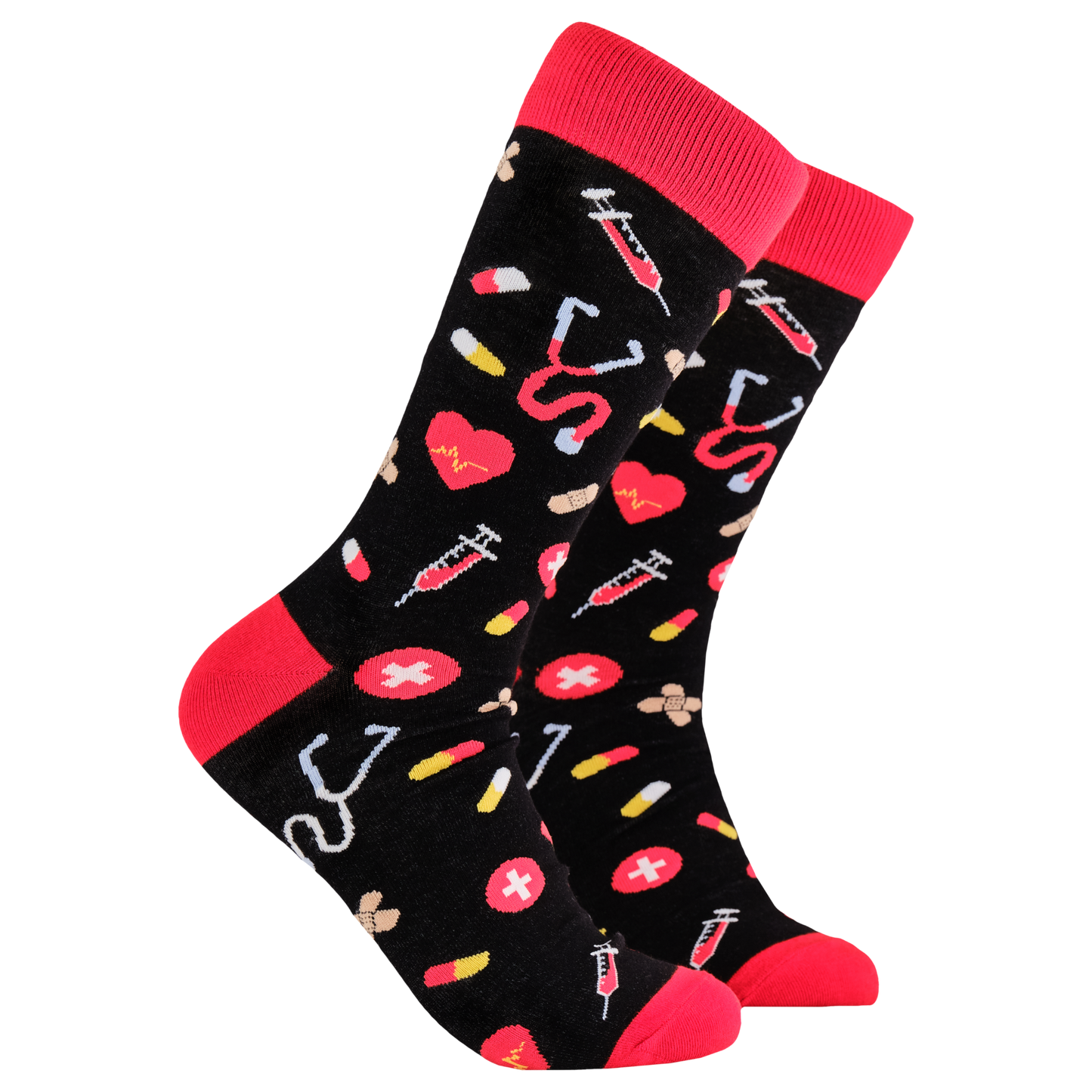 A pair of socks depicting medical equipment and symbols. Black legs, red cuff, heel and toe.