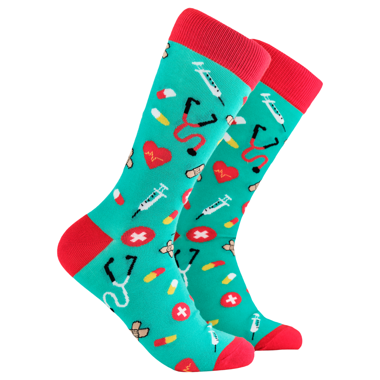 Doctor Socks - Scrubs. A pair of socks depicting medical equipment and symbols. Green legs, red cuff, heel and toe.
