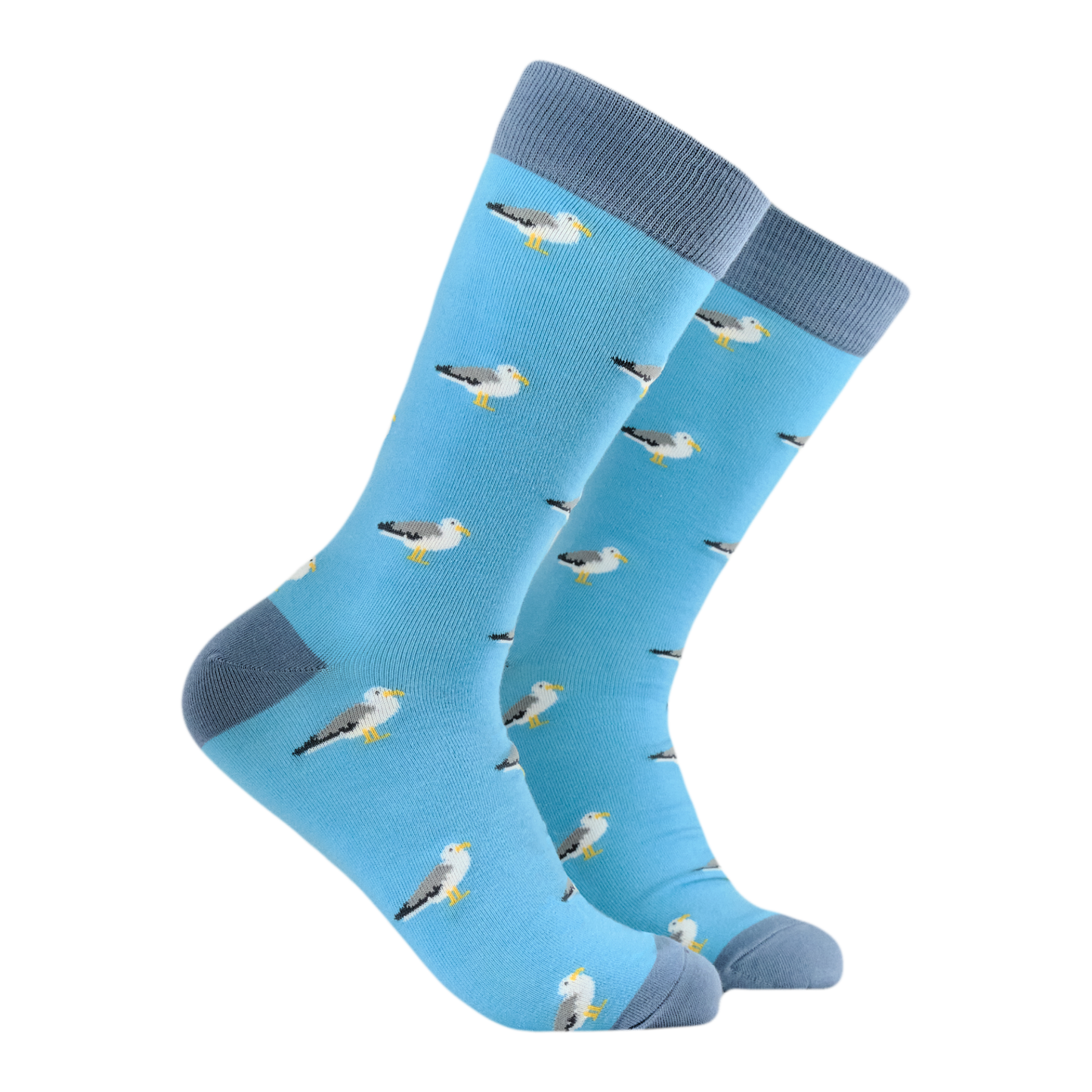 A pair of socks depicting seagulls. Blue legs, blue heel, toe and cuff.