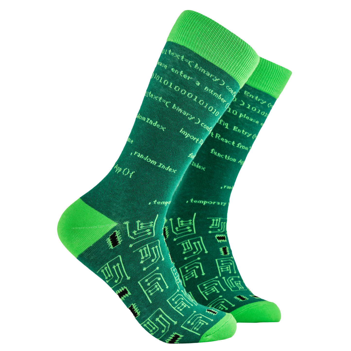 Coding Socks - Sign Of The Times. A pair of socks depicting HTML code and circuit boards. Green legs, light green cuff, heel and toe.