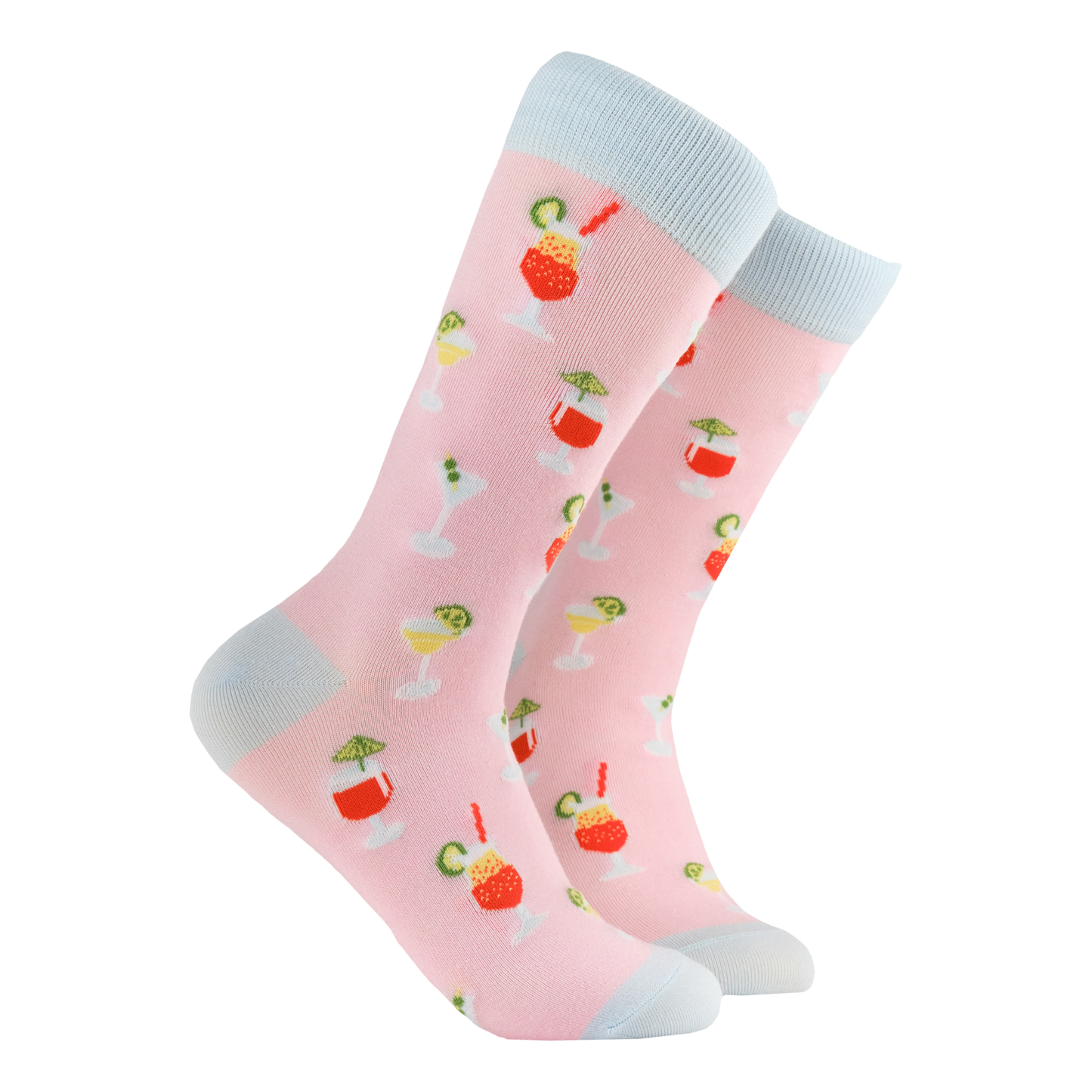 Cocktail Socks - Socktails Bamboo. A pair of socks with a cocktail motif. Pink legs, light blue heel toe and cuff.