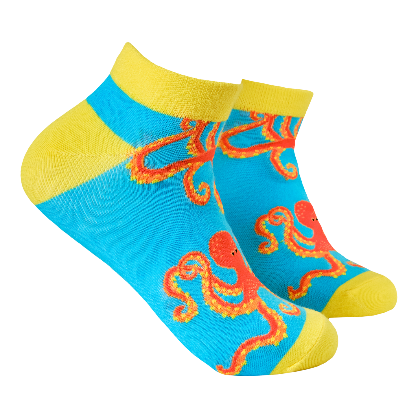 Octopus Socks - Soctopus Trainer Socks. A pair of trainer socks with the soctopus mascot. Blue legs, yellow heel, toe and cuff.