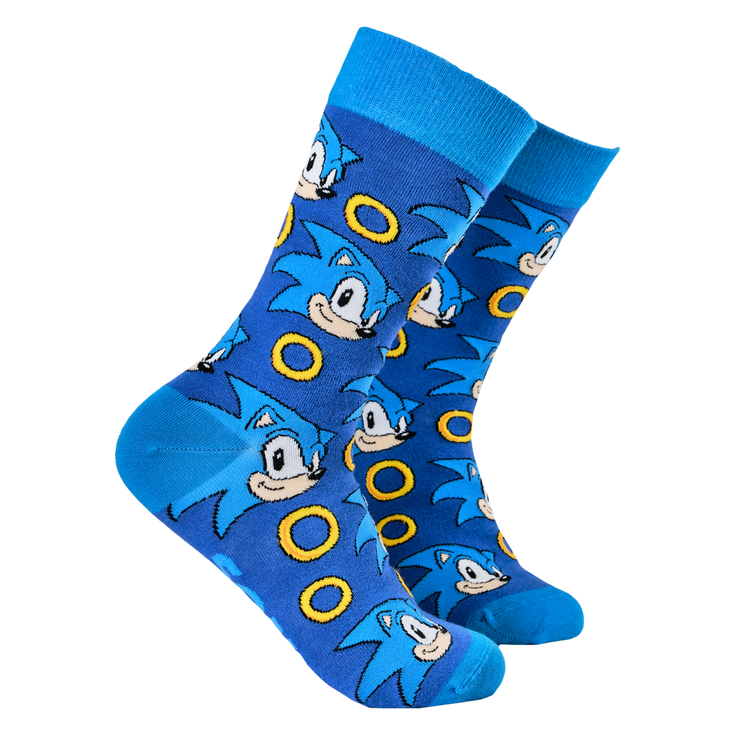 Sonic the Hedgehog Socks. A pair of socks featuring Sonic with power rings. Dark blue legs, light blue heel, cuff and toe.