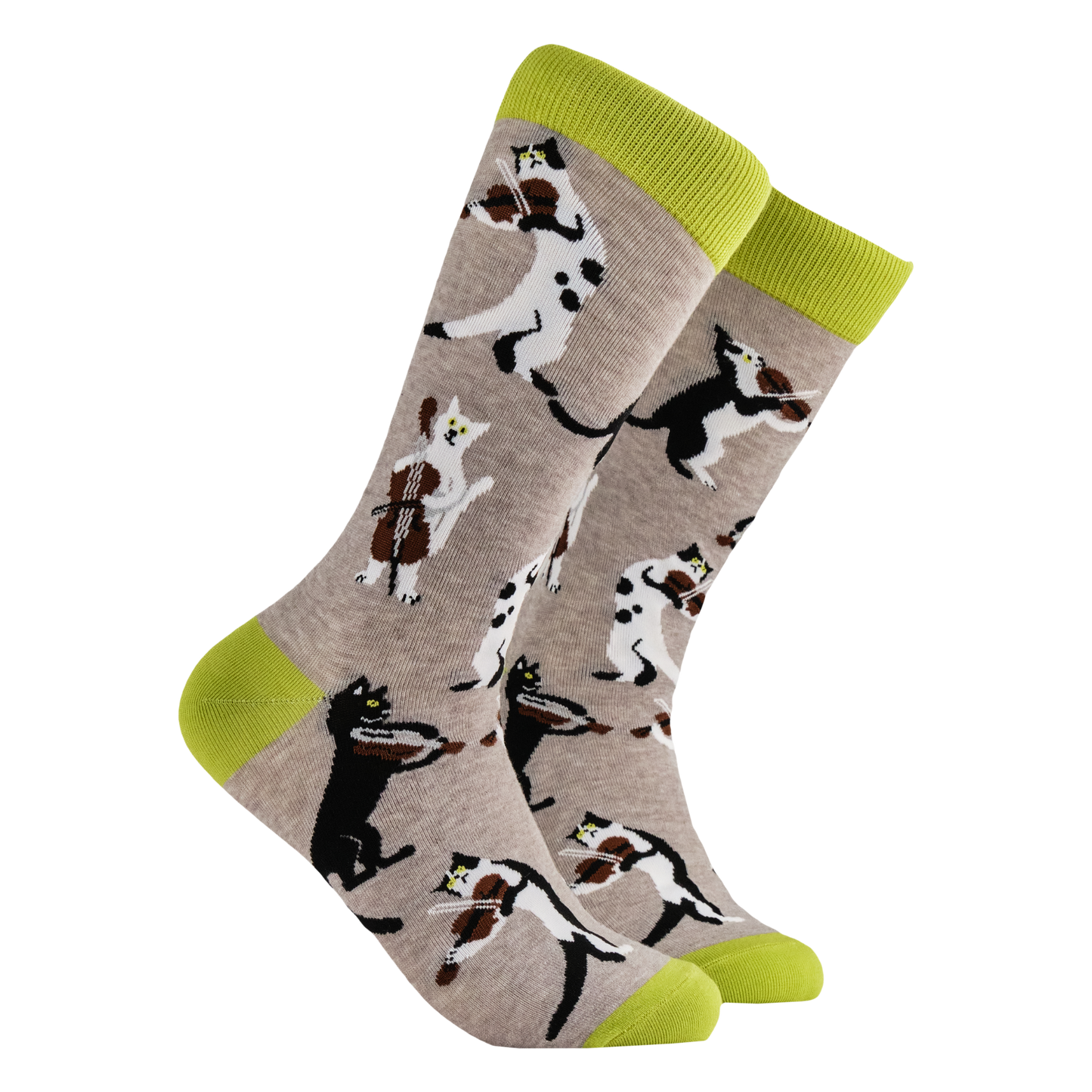 Cat Socks - String Quartet. A pair of socks depicting cats playing string instruments. Grey legs, green heel toe and cuff.