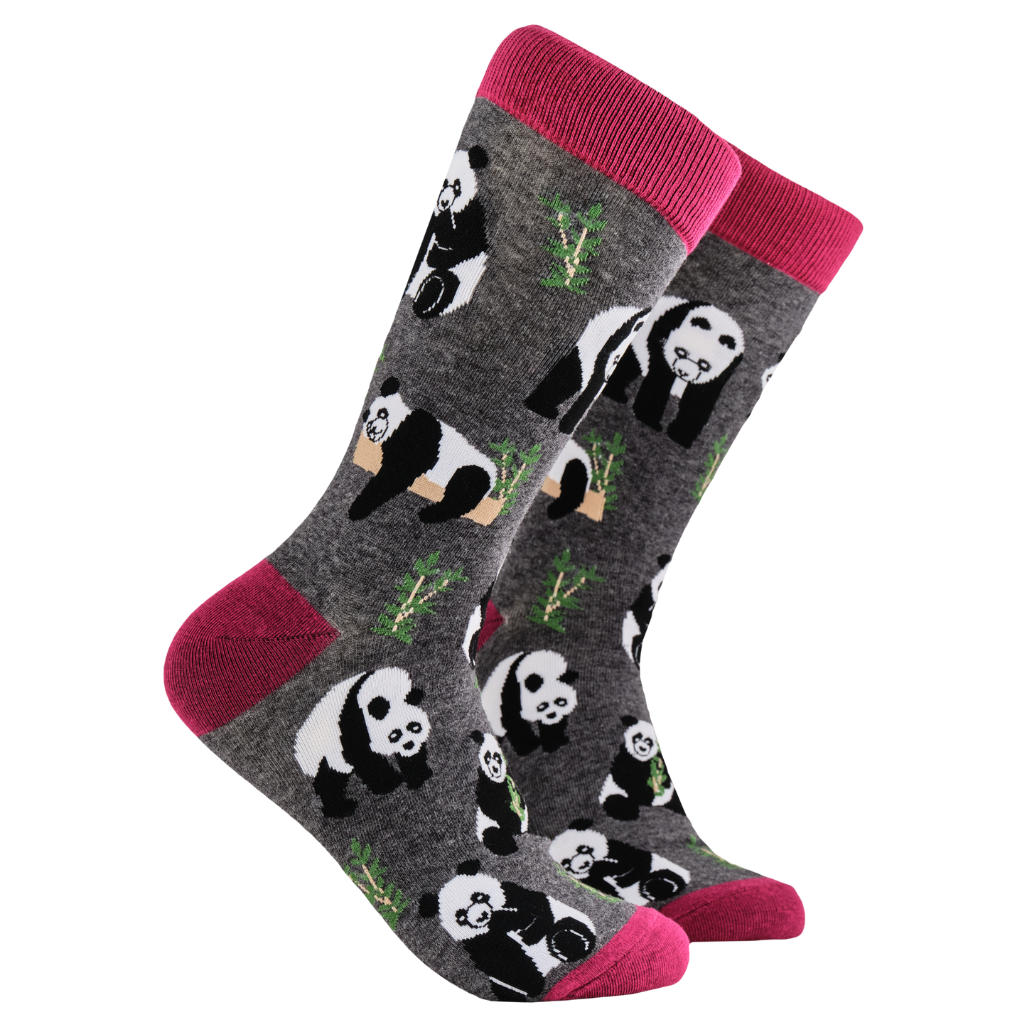 Panda Socks - Stu-Pandous. A pair of socks depicting pandas playing in the forest. Grey legs, red cuff, heel and toe.