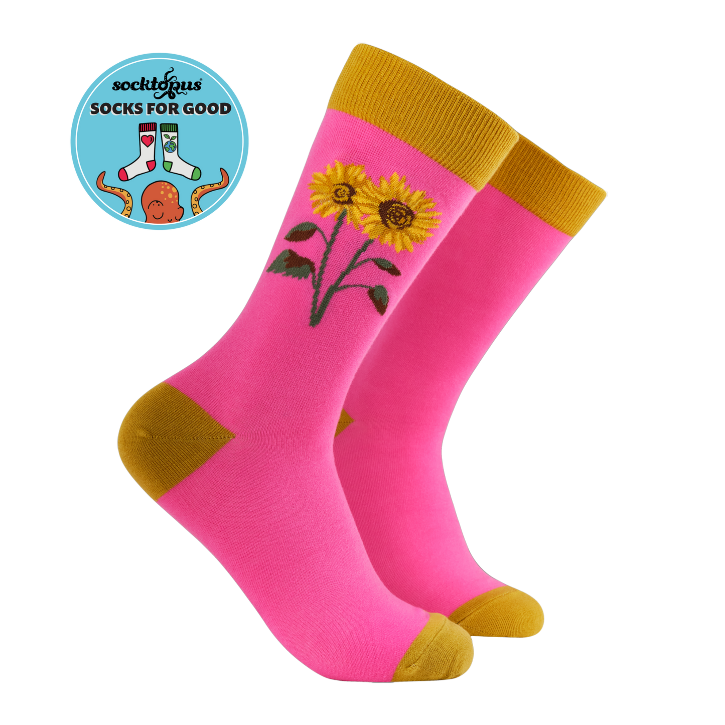 Pink socks with sunflower design and yellow accents on a white background.