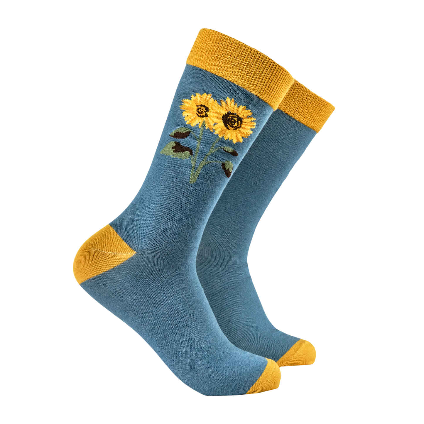 Blue socks with sunflower design on a white background