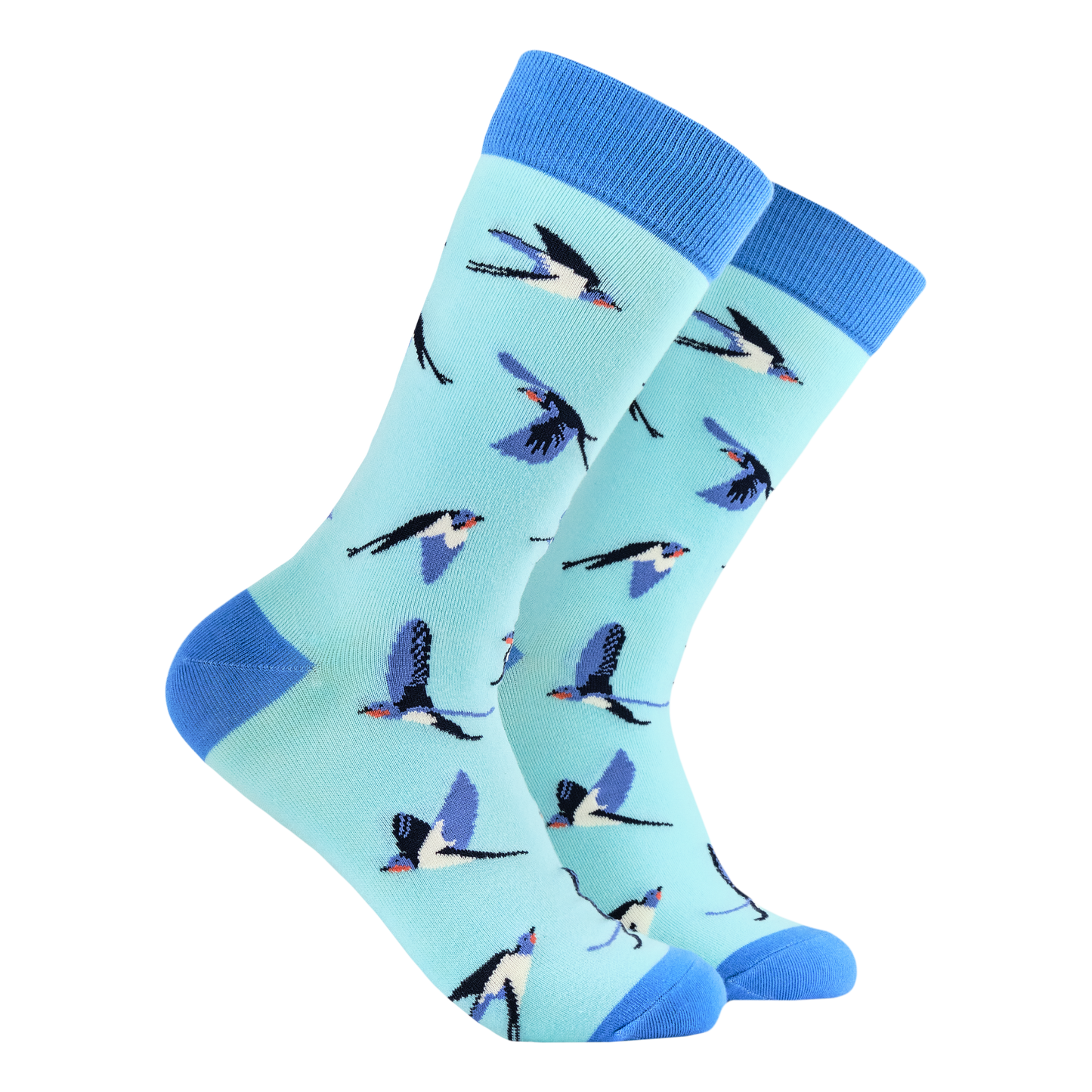 Swallows Bamboo Socks. A pair of socks featuring swallows on the wing. Light blue legs, dark blue heel, toe and cuff.