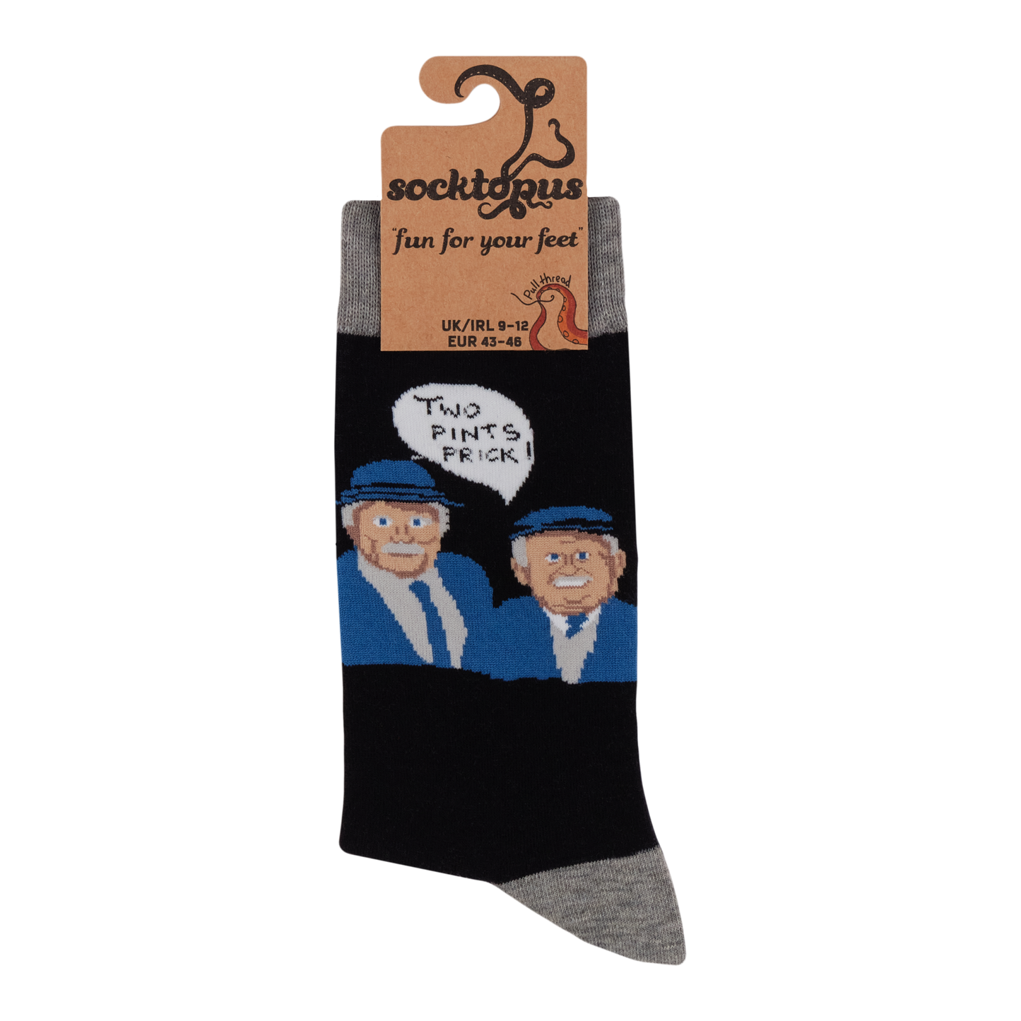 A pair of socks with a pub theme. Black legs, grey heel, toe and cuff.