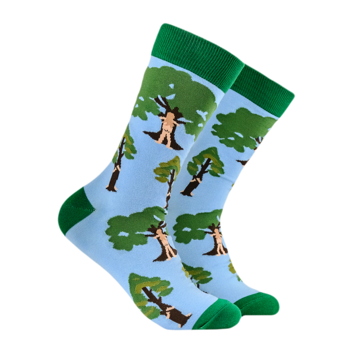 Tree Hugger Socks. A pair of socks featuring tree huggers. Blue legs, green heel, toe and cuff.