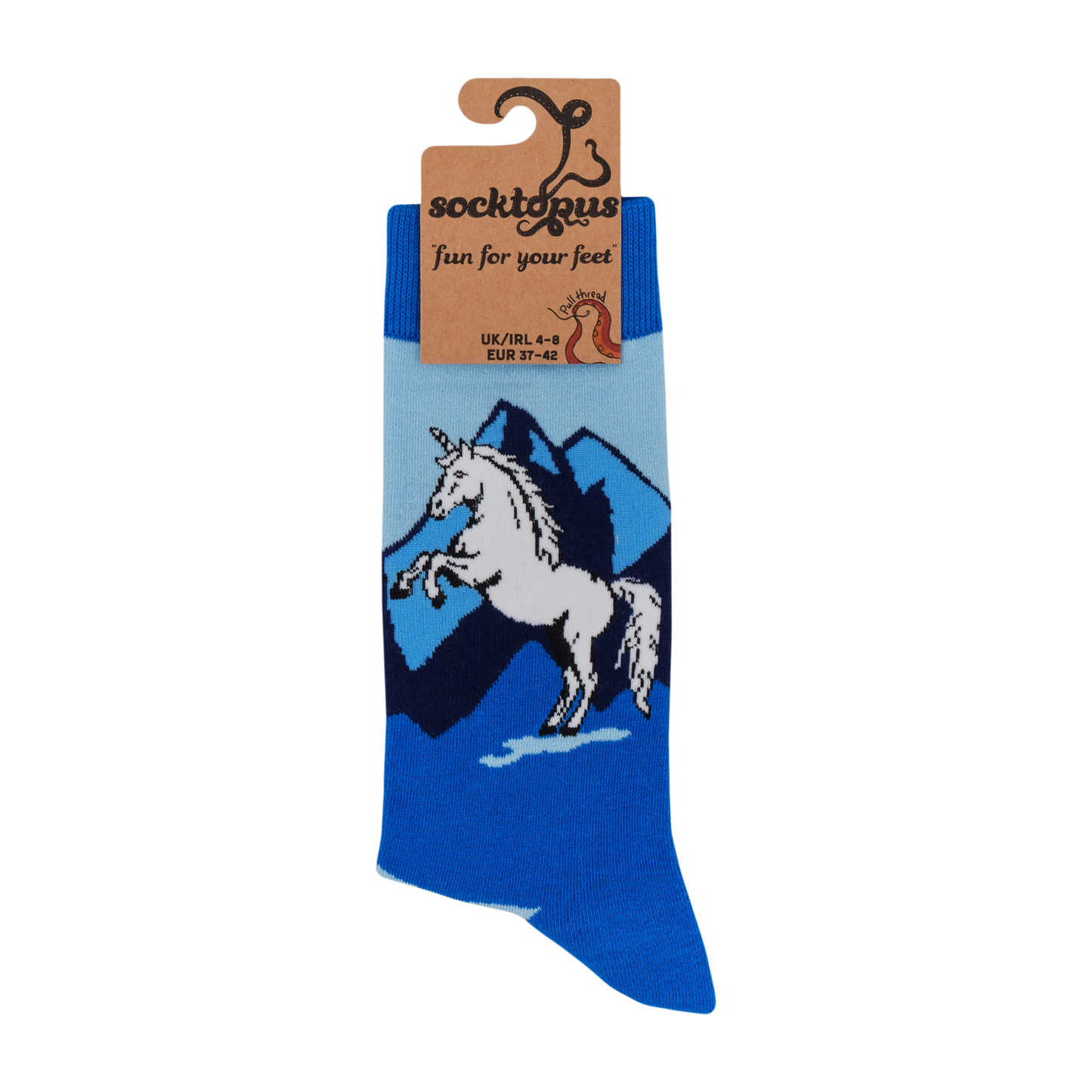 A pair of socks with a mythical highland creature motif. Blue legs, heel, toe and cuff.