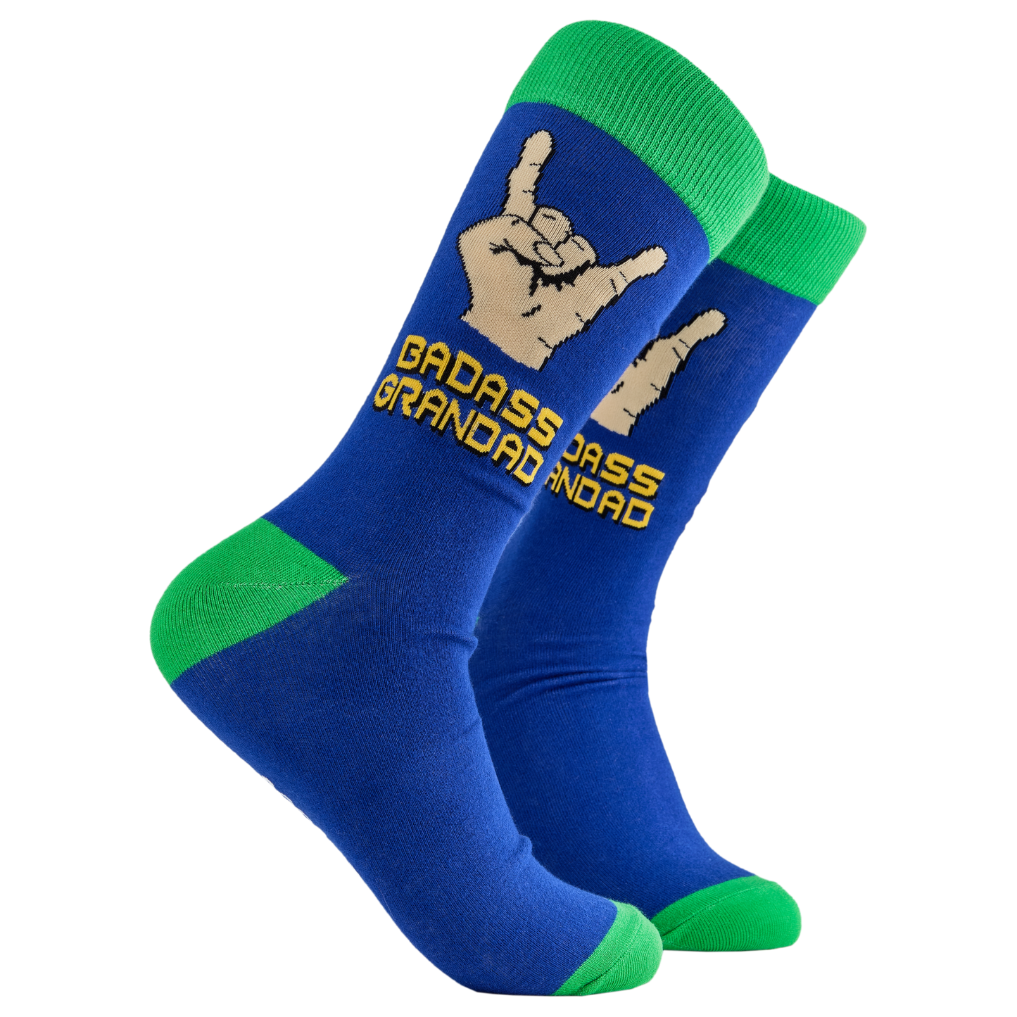 Badass Grandad Socks. A pair of socks depicting metal horns that say 'Badass Grandad. Blue legs, green cuff, heel and toe.