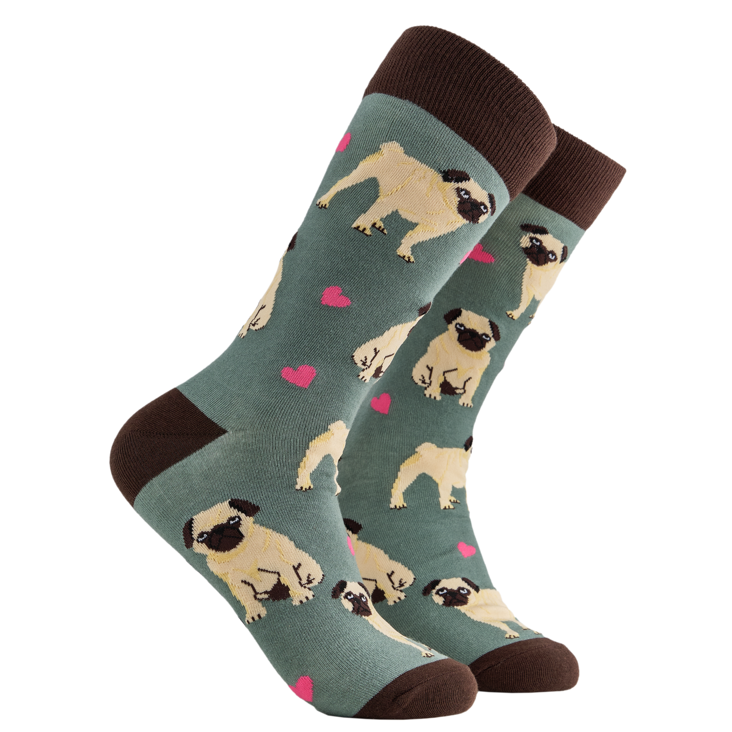 A pair of socks depicting hearts and pugs. Green legs, brown cuff, heel and toe