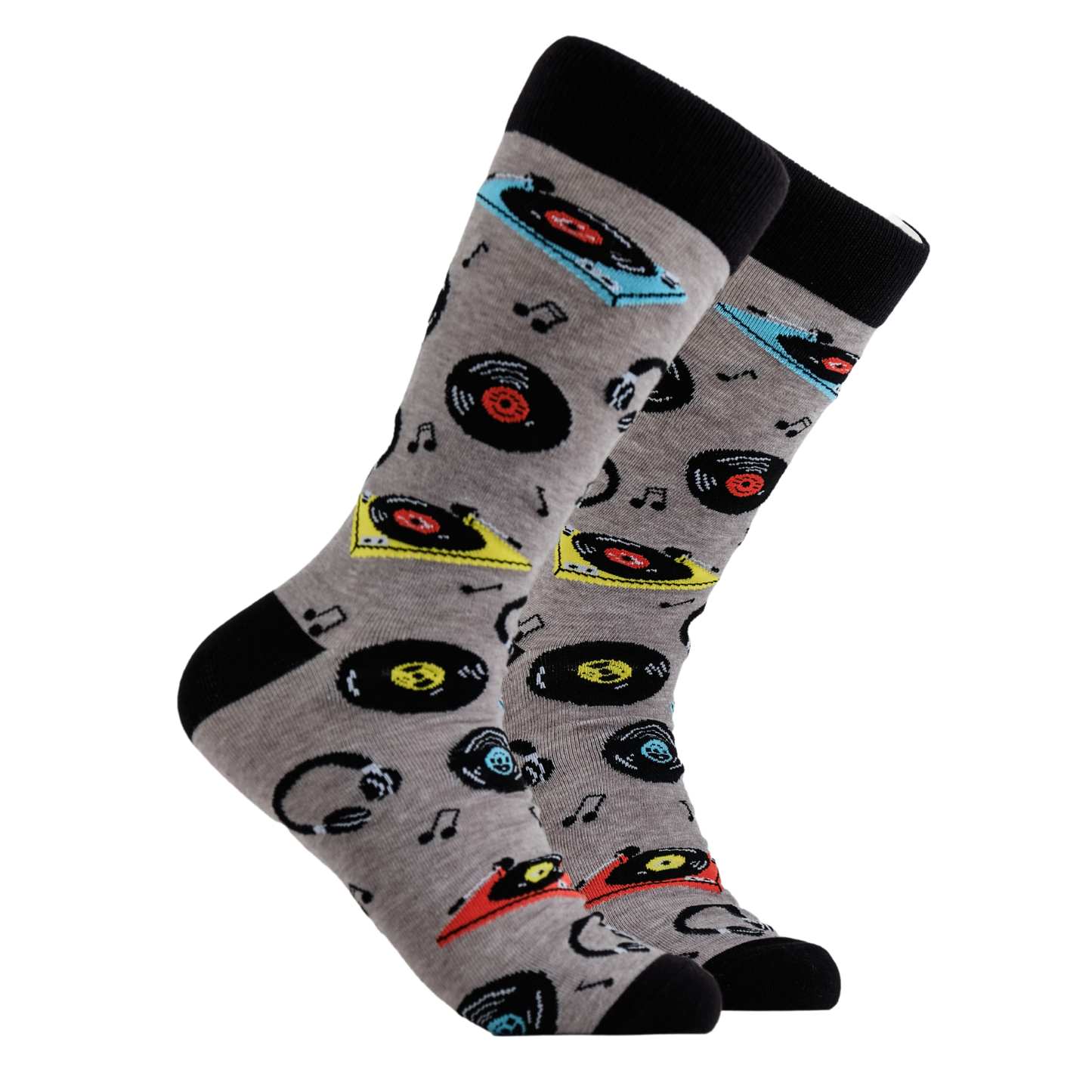 Vinyl Socks - Vinyl Lifer. A pair of socks vinyl records and record players. Grey legs, black cuff, heel and toe.
