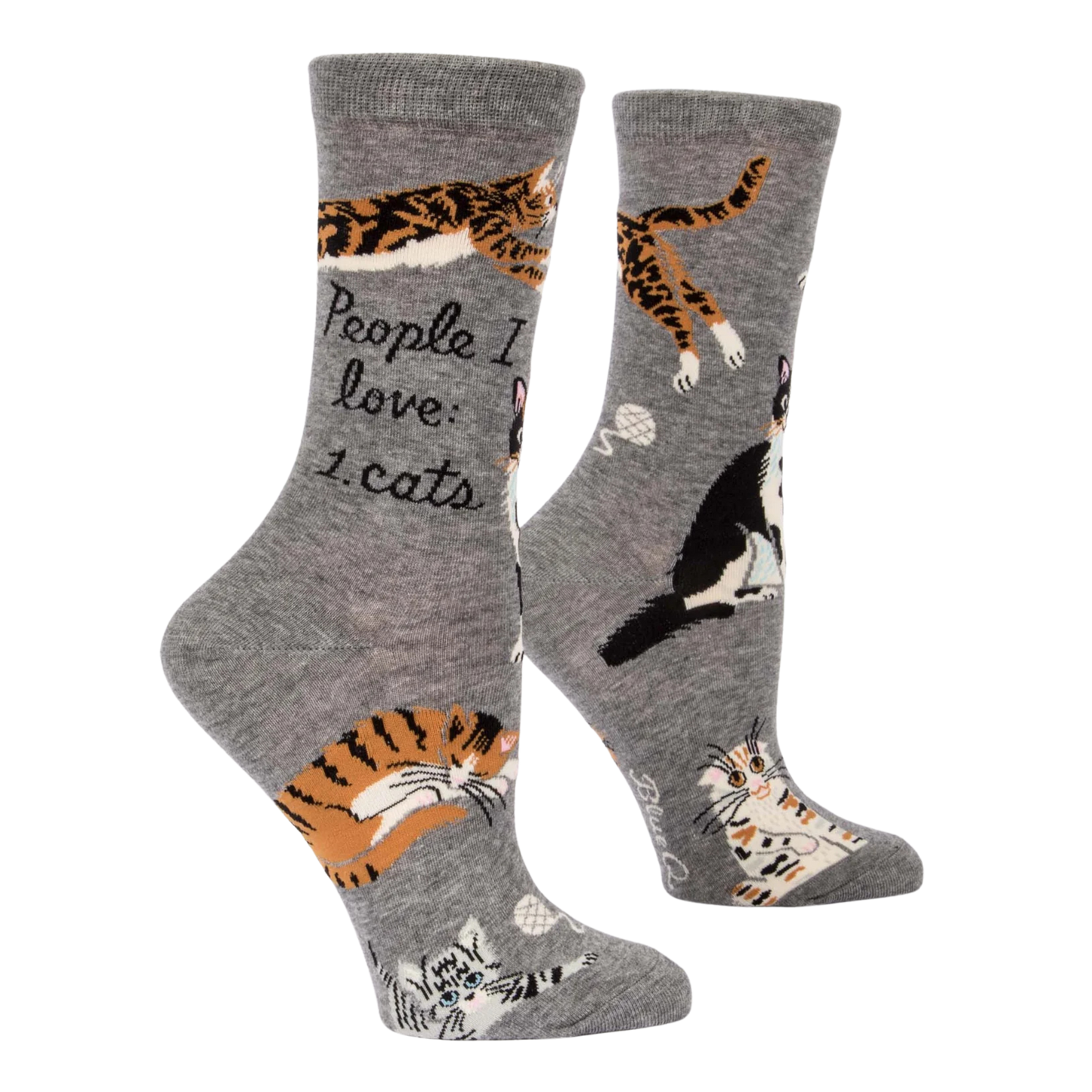 People I Love, Cats Socks. A pair of socks featuring playful cats. Grey legs, heel, toe and cuff.