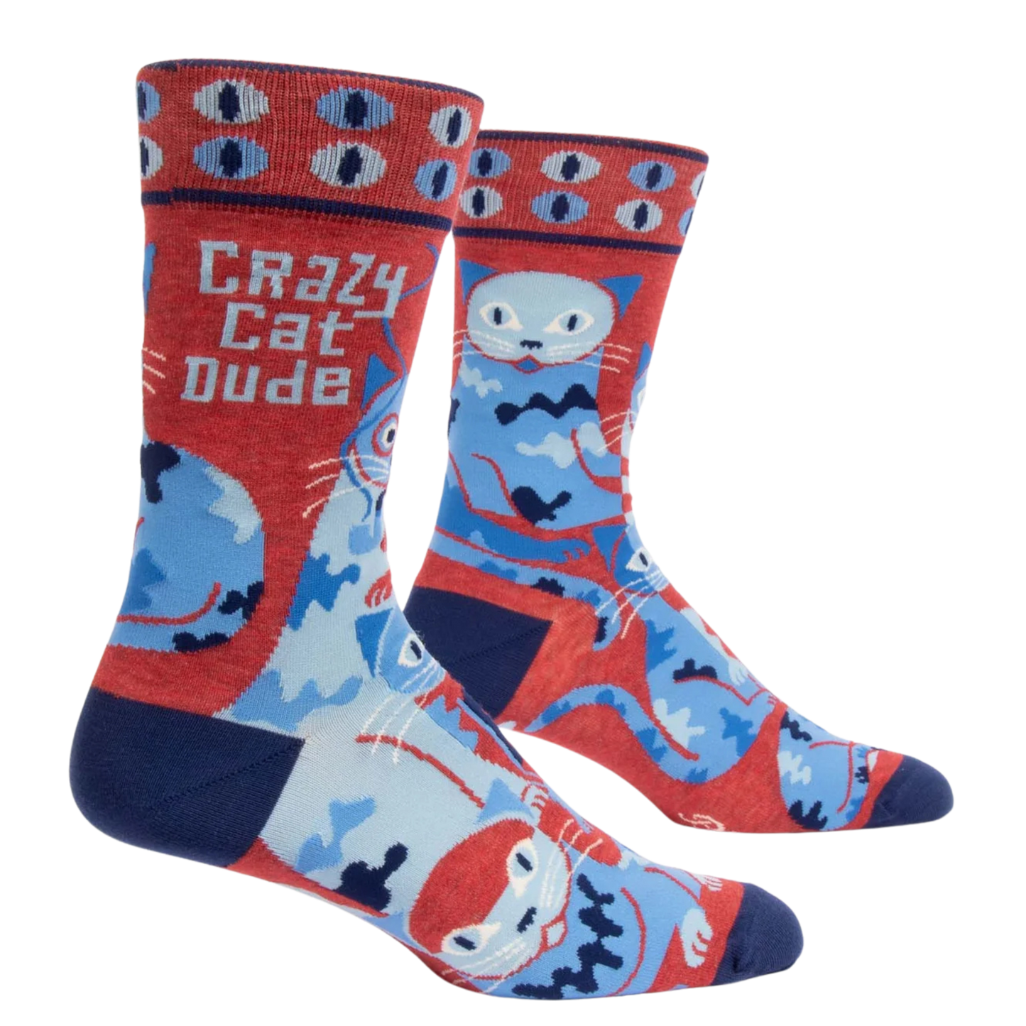 Crazy Cat Dude Socks. A pair of socks depicting a crazy sock dude. Red legs, blue, heel, toe and cuff.