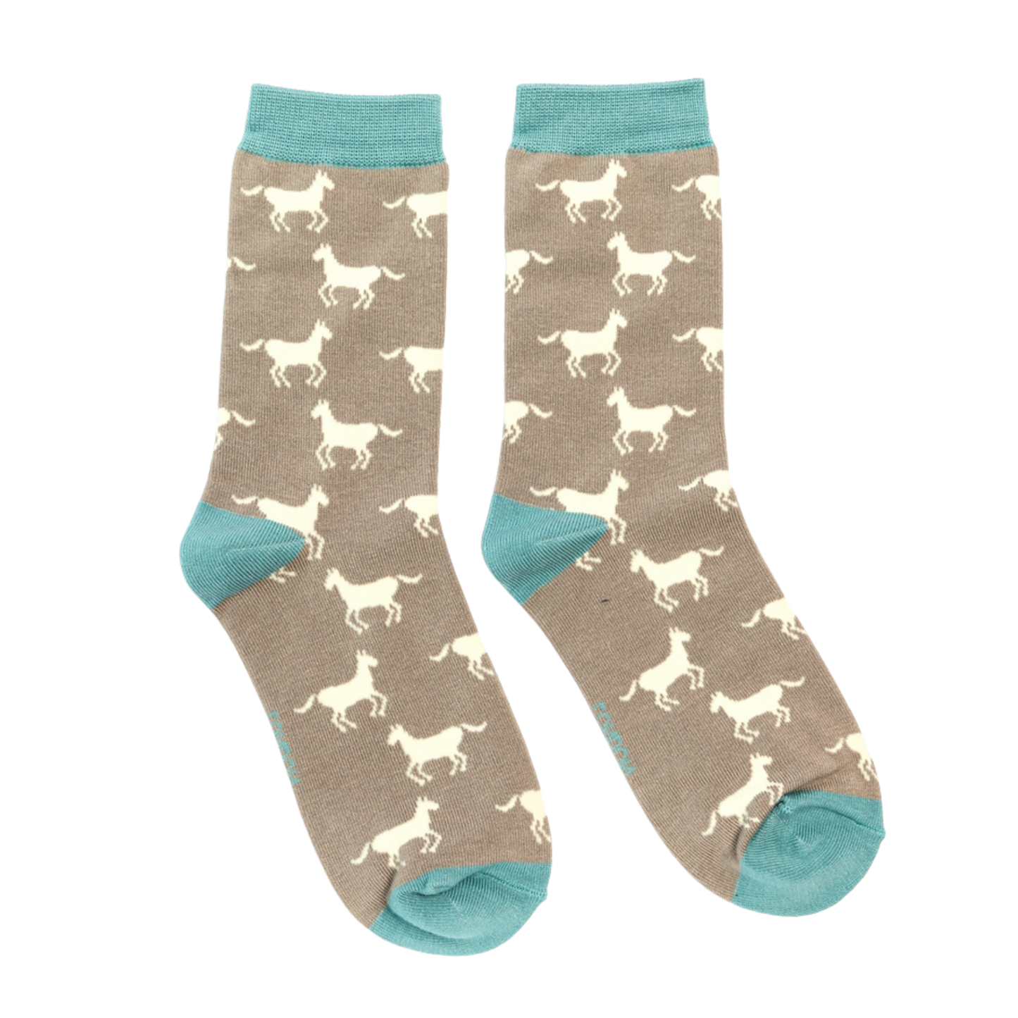 Horses Bamboo Socks - Miss Sparrow. A pair of grey beige socks featuring a white horse pattern. Light blue cuffs, heels, and toes. Socks shown on a white background.