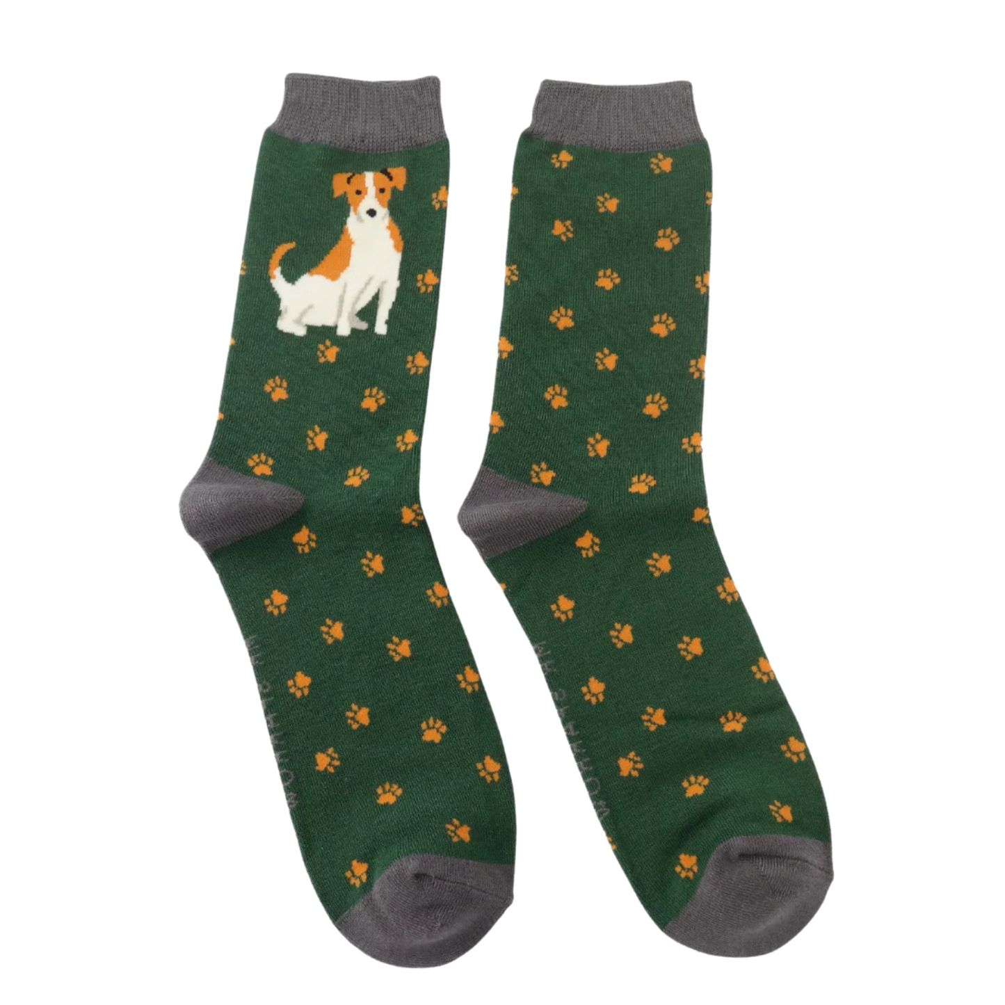 A pair of socks featuring a cute jack russell. Dark green legs, grey heel, toe and cuff.