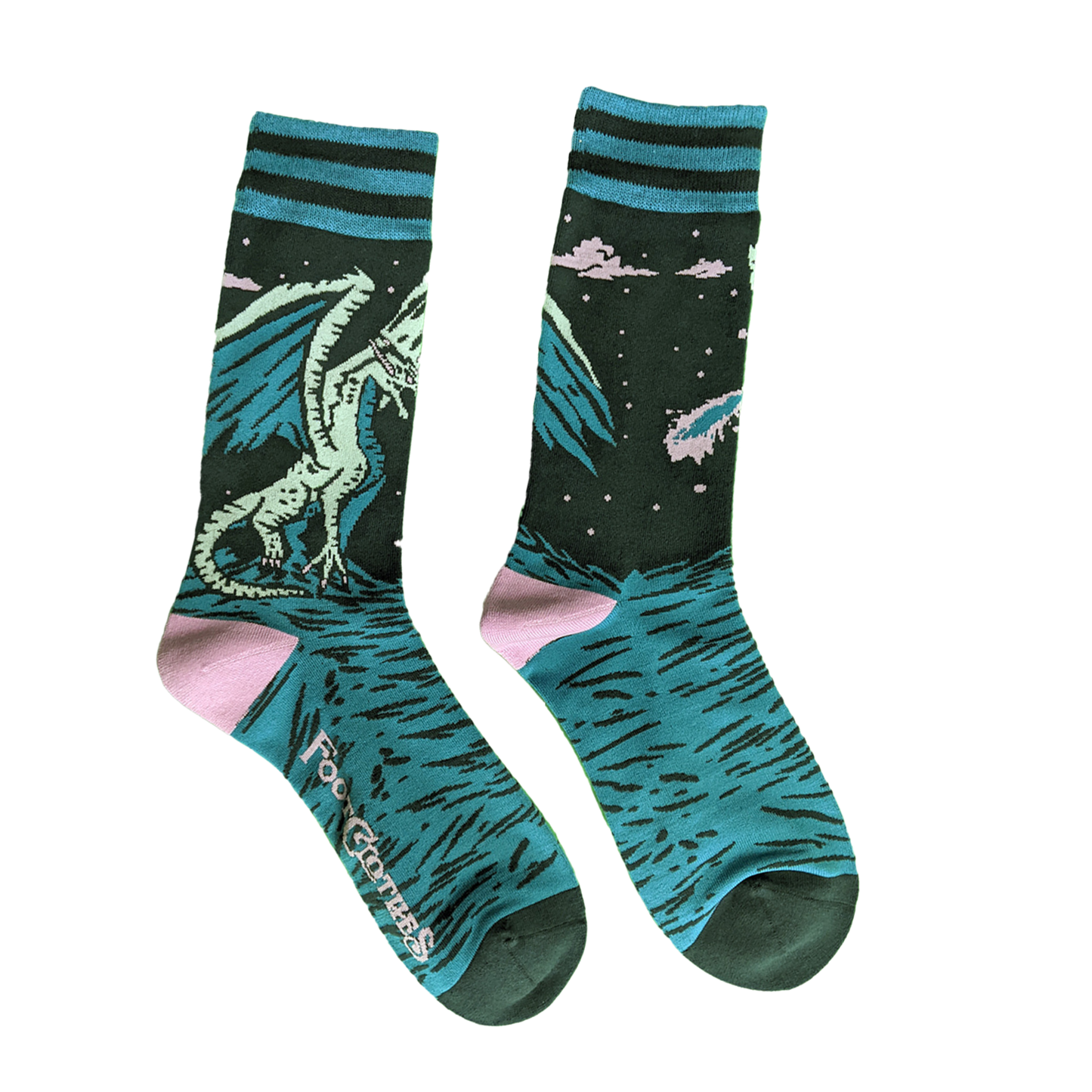 Evil AF Dragon Socks. A pair of socks featuring an evil dragon. Blue legs, green heel, toe and cuff.