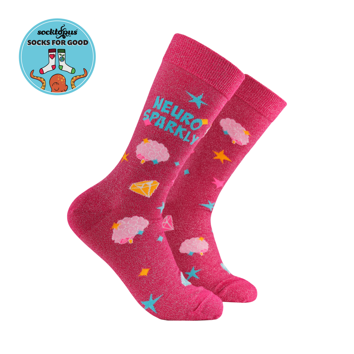 Neuro Sparkly Socks. A pair of socks that celebrate your sparkle. Pink legs, heel, toe and cuff.