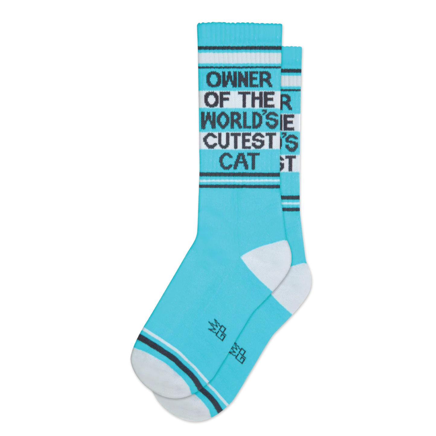Owner of the World's Cutest Cat Athletic Socks. A pair of blue socks with a cat slogan.