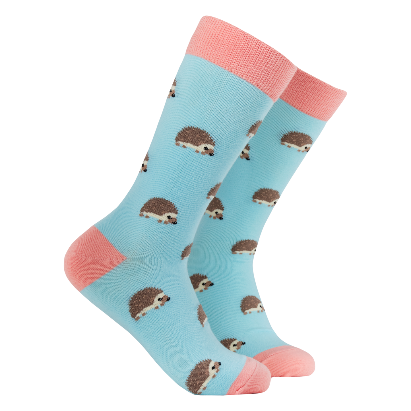 Hedgehogs Bamboo Socks. A pair of socks featuring cute hedgehogs. Bright blue legs, pink heel, toe and cuff.