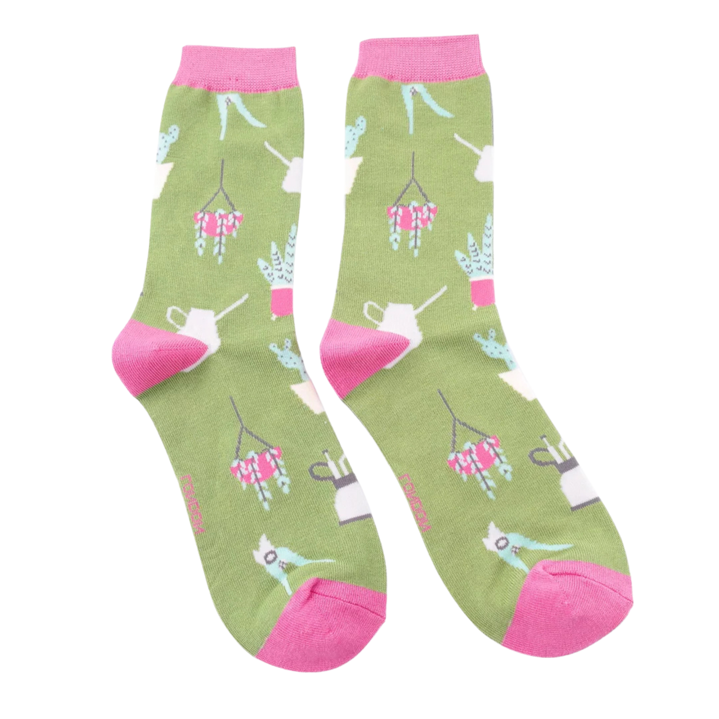 House Plants Bamboo Socks - Miss Sparrow. A pair of socks with a house plant motif. Green legs, pink heel, toe and cuff.