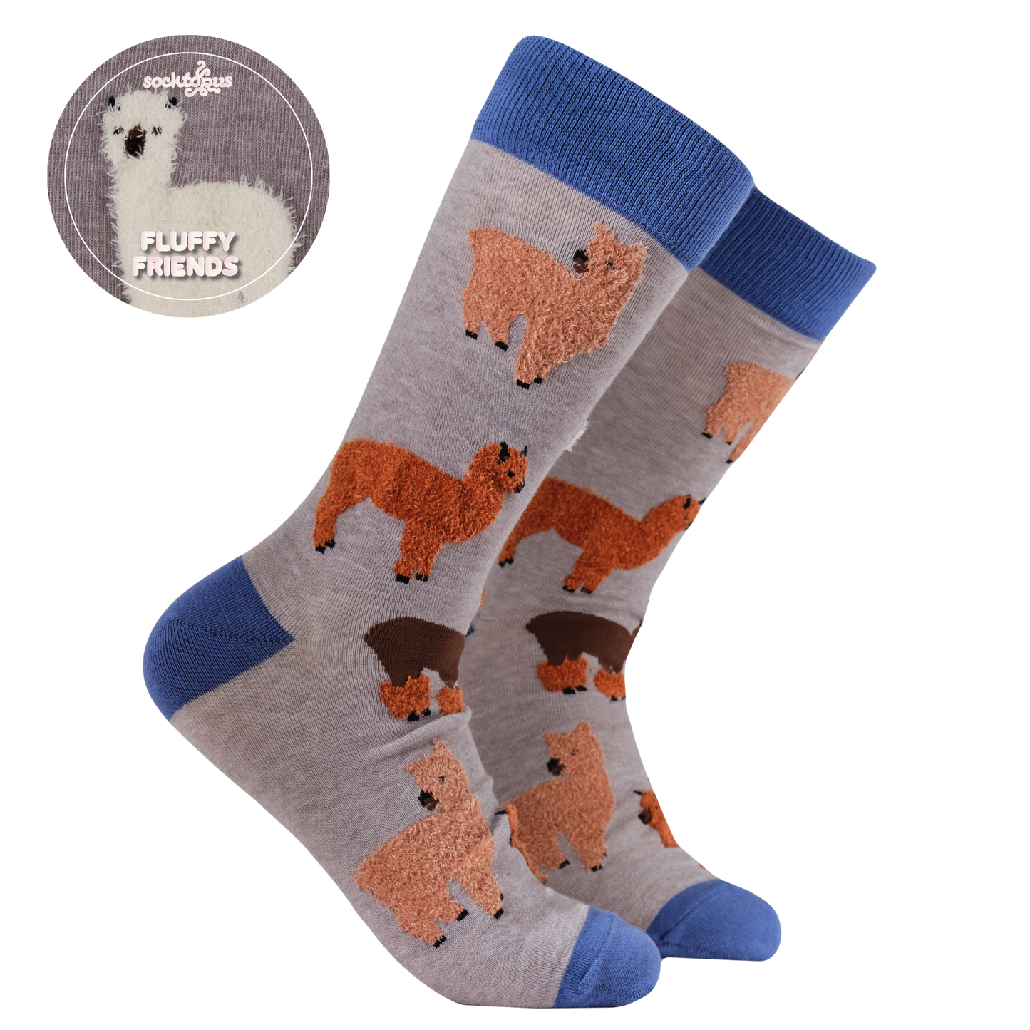 Fluffy Alpaca Socks. A pair of socks featuring fluffy alpacas. Grey legs, blue heel, toe and cuff.