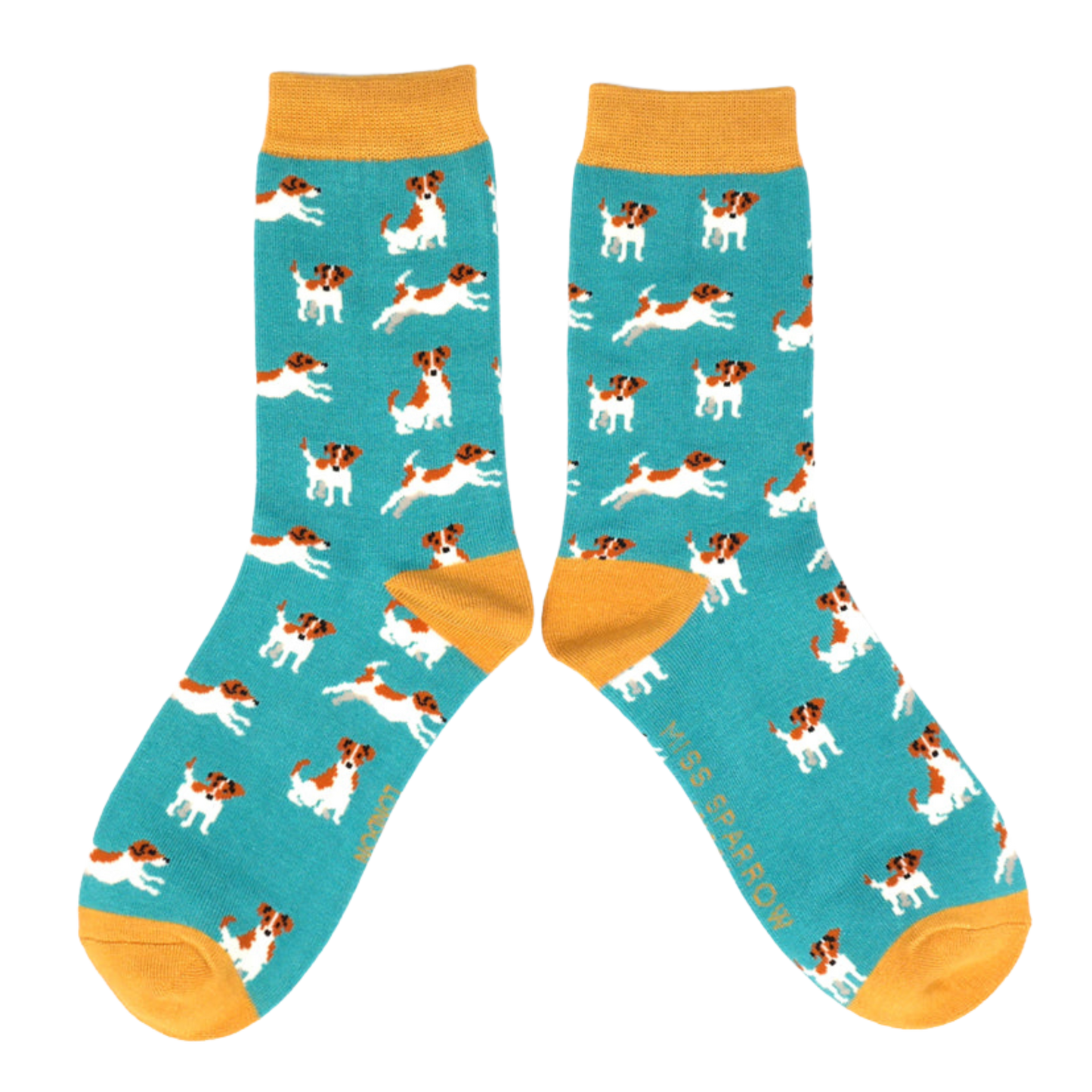 A pair of socks featuring a jack russell motif. Teal legs, orange heel, toe and cuff.