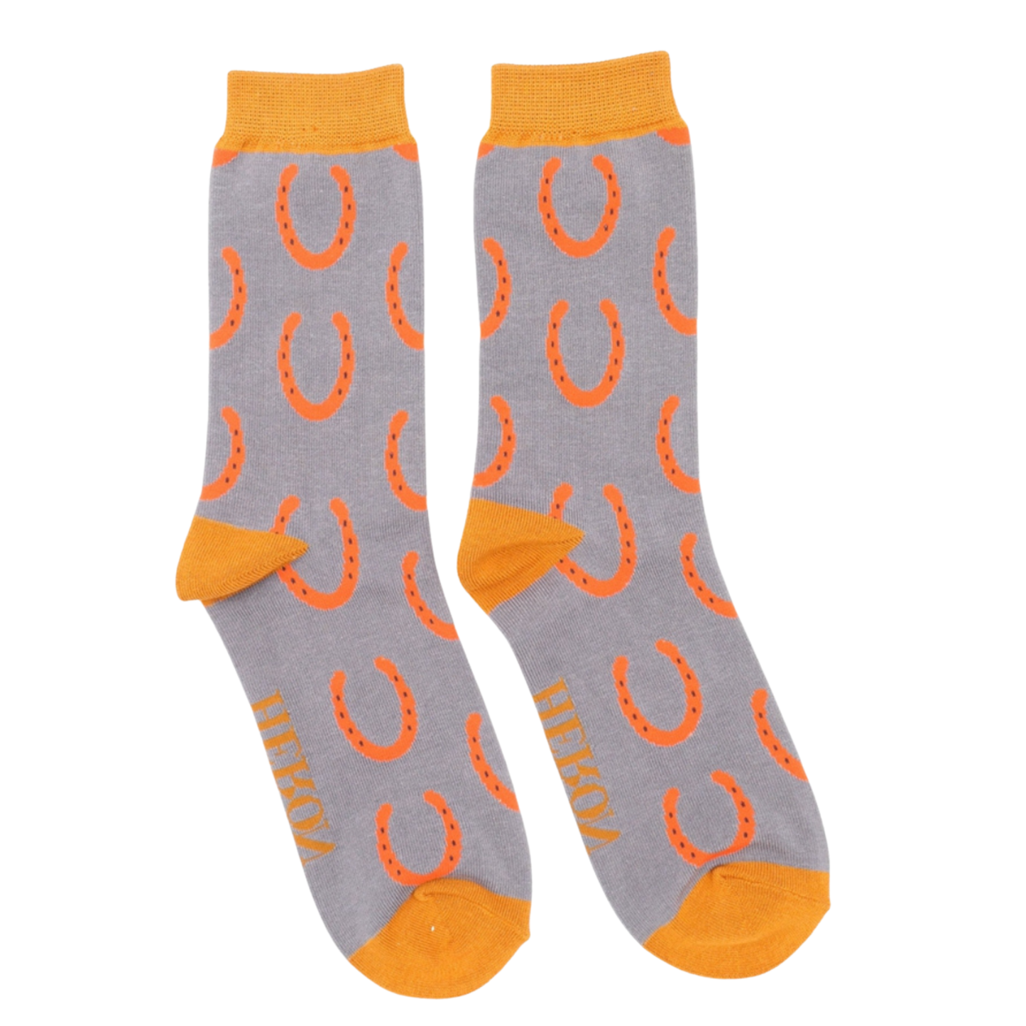 Horseshoes Bamboo Socks - Miss Sparrow. A pair of grey socks featuring an orange horseshoe pattern. Light orange cuffs, heels, and toes. Socks shown on a white background.