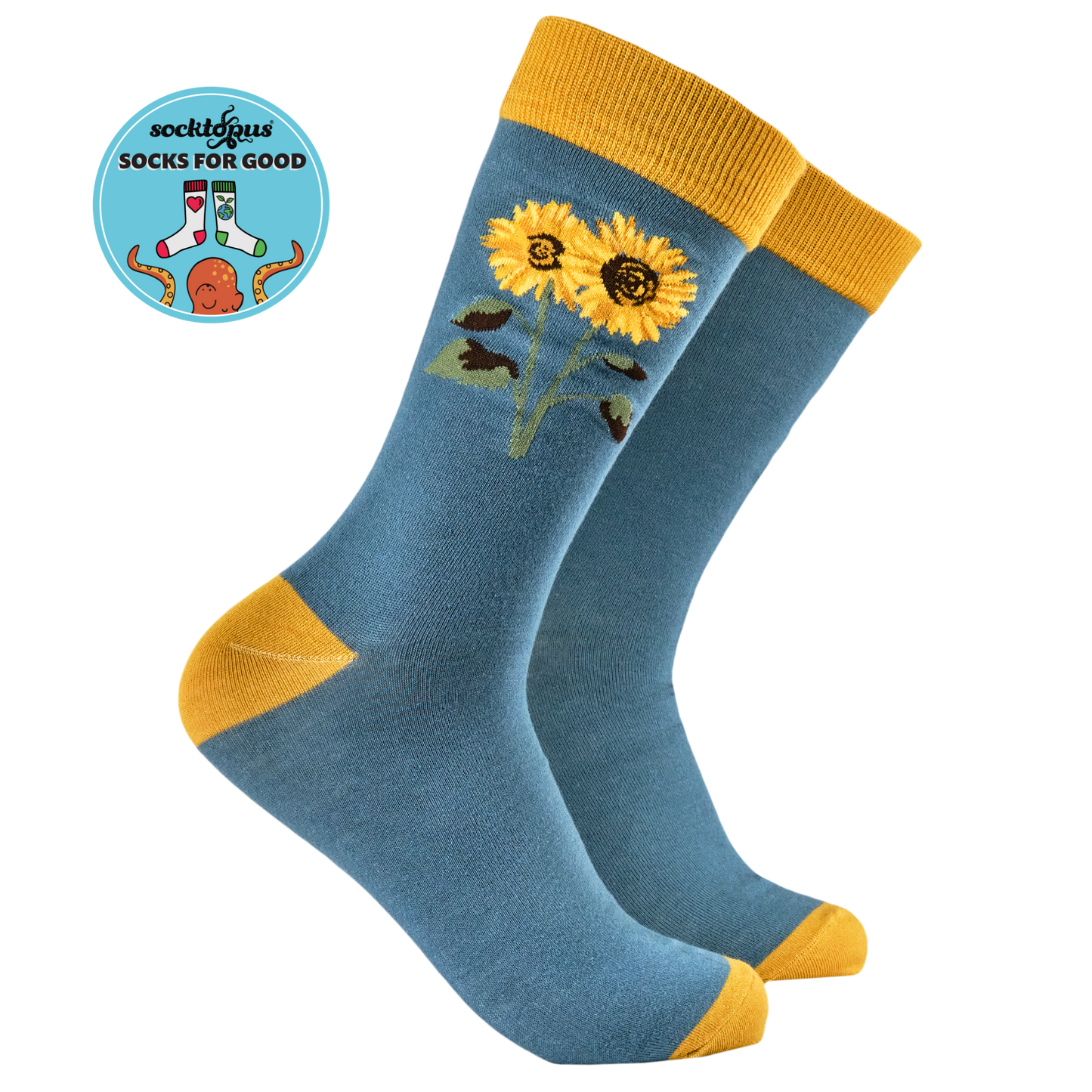 A pair of white bamboo socks with a yellow rim and a sunflower design in the center.