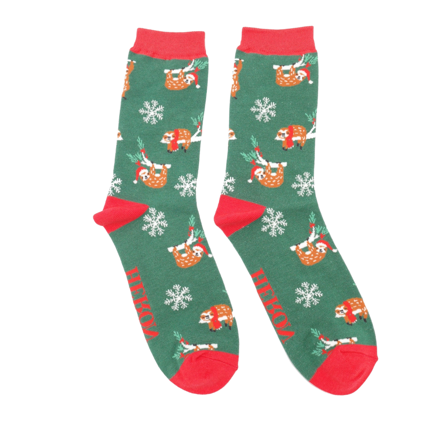 A pair of socks depicting xmas sloths wearing santa hats. Green legs, red heel, toe and cuff.
