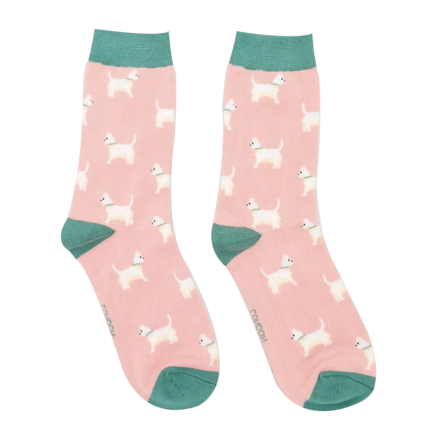 Cute Scottie Bamboo Socks. A pair of socks featuring cute scottie dogs. Pink legs, green heel, toe and cuff.