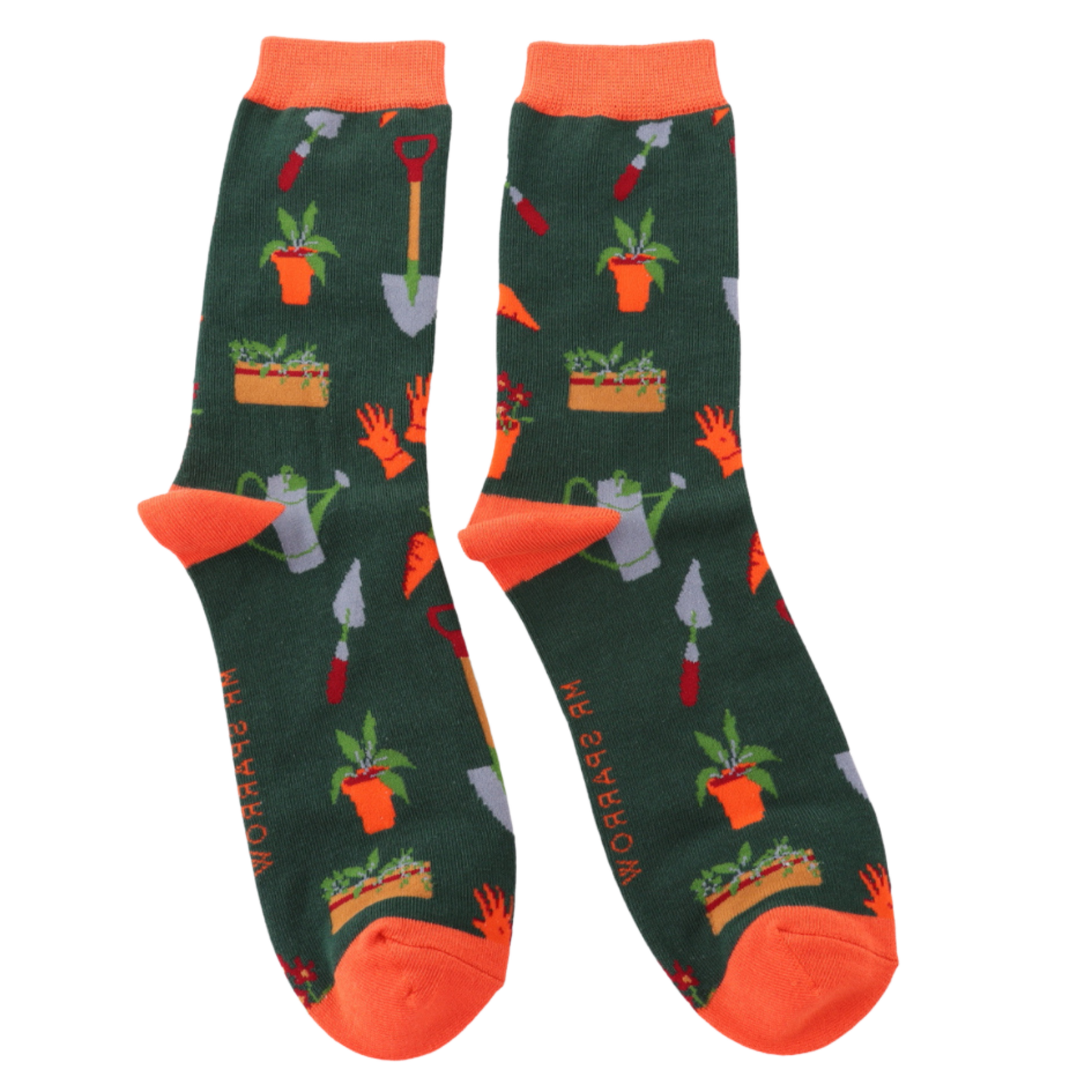 Gardener's Tools Bamboo Socks. A pair of socks featuring gardeners tools, dark green legs, orange heel, toe and cuff.