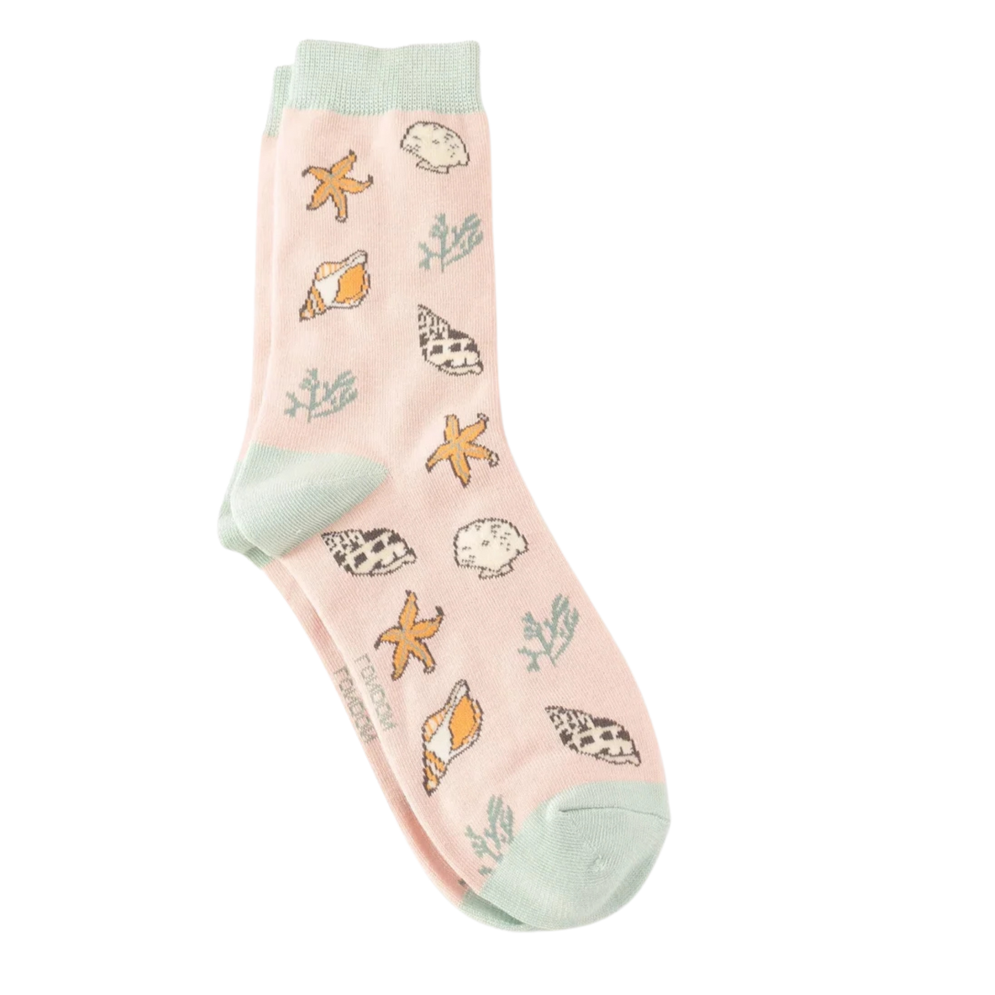 Seashells Bamboo Socks - Miss Sparrow. A pair of socks featuring a fun seaside motif. Pink legs, grey heel, toe and cuff.