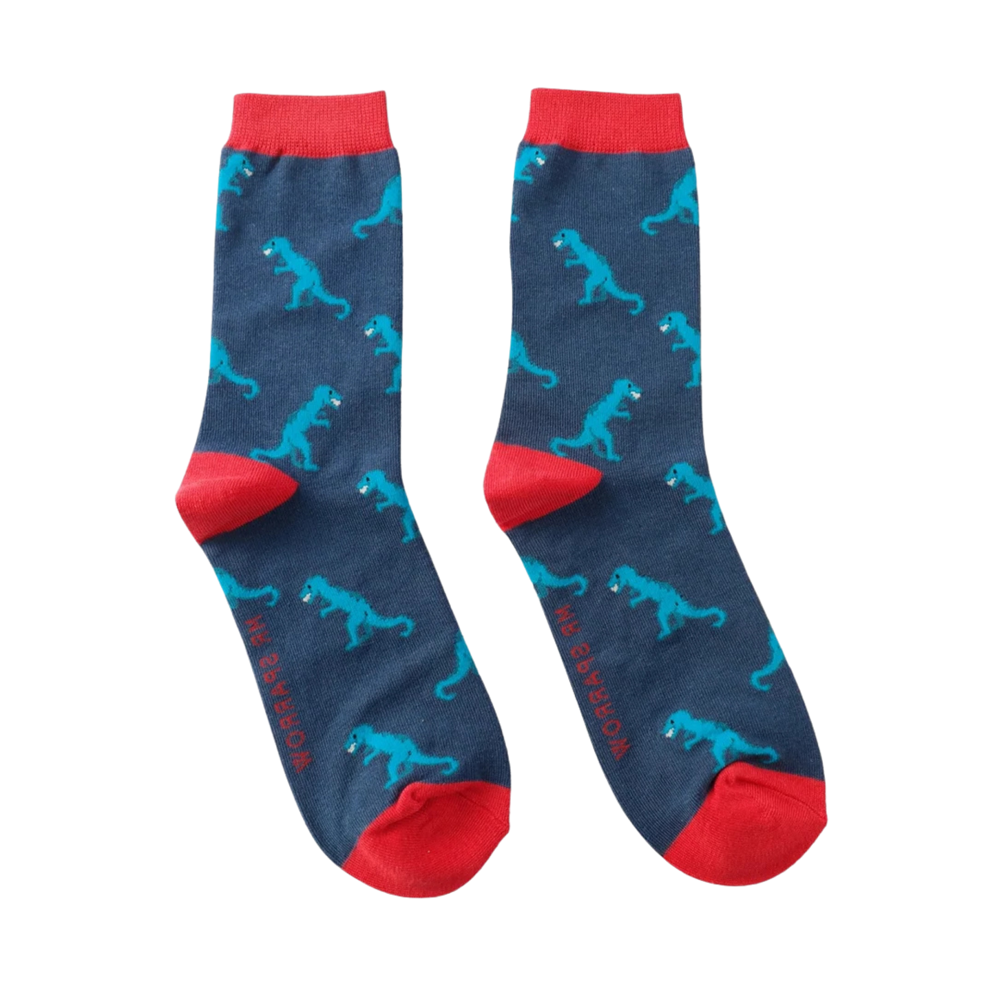 Dino Bamboo Socks - Miss Sparrow. A pair of socks with a dinosaur motif. Blue legs, red heel, toe and cuff.