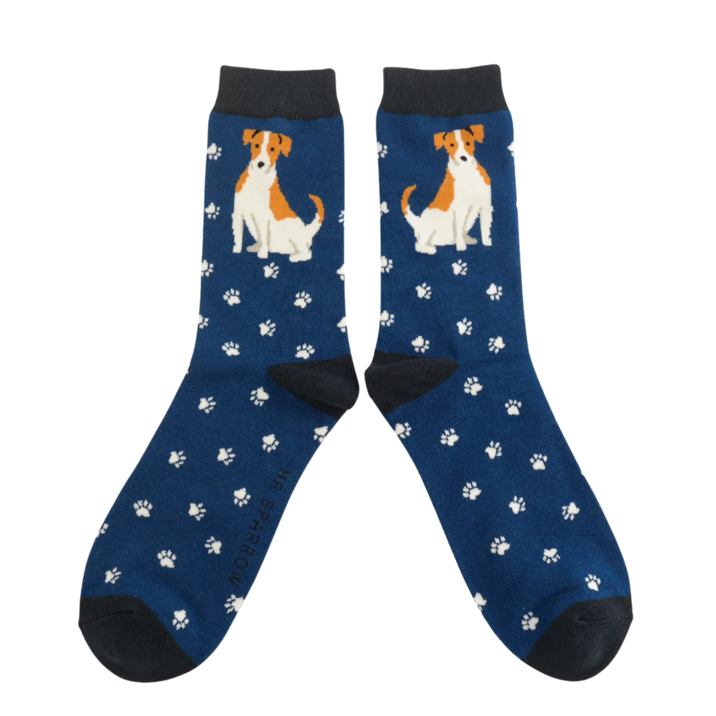 A pair of socks featuring a cute jack russell. Grey legs, pink heel, toe and cuff.